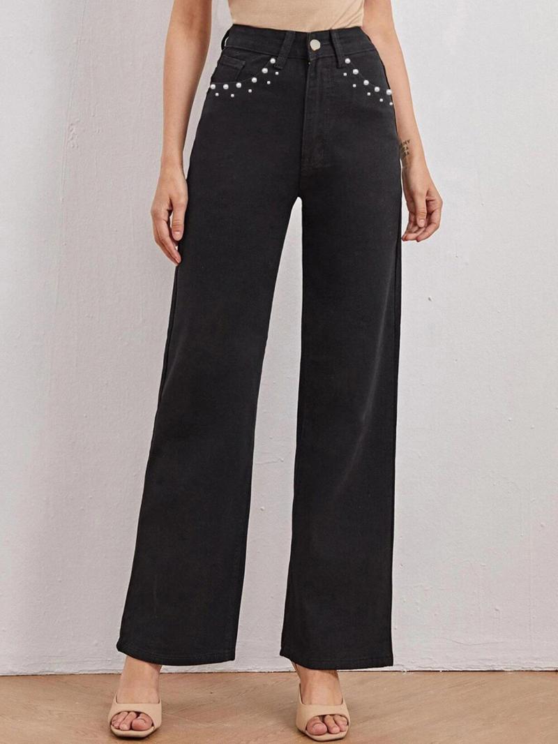 Jeans |  Womens Studded Mid Rise Wide Leg Jeans Clothing Jeans